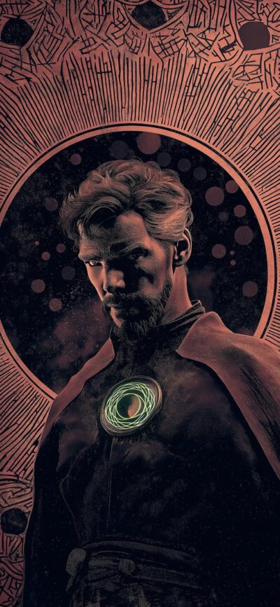 Doctor Strange with mystical elements and the Eye of Agamotto on a dark abstract backdrop in red, black, and green | 4K Wallpaper for Mobile