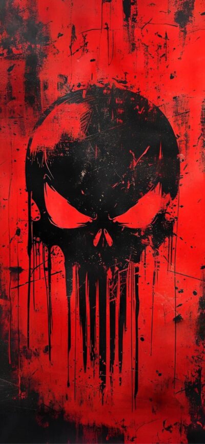 Punisher skull on a red, black grunge background with dripping paint effects | 4K Wallpaper for Mobile