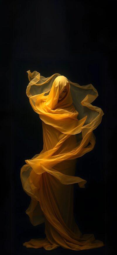 Mysterious figure in yellow fabric on dark background, surreal and elegant. Perfect for mobile devices. | 4K Wallpaper, for Mobile