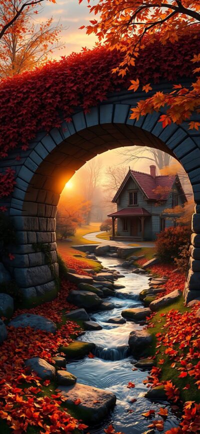 Serene autumn scene with orange and red leaves, a stone bridge, and a cottage by a stream | 4K Wallpaper for Mobile