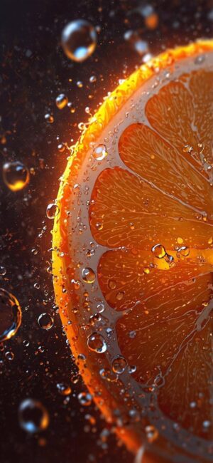 Close-up of orange slice with water droplets on dark background, highlighting texture | 4K Wallpaper, for Mobile