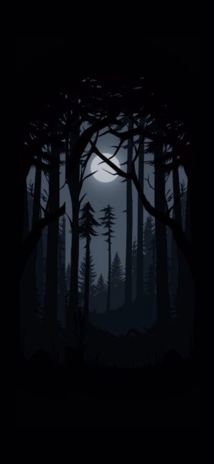 Dark forest under the moonlight, silhouetted trees creating an eerie ambiance | 4K Wallpaper for Mobile