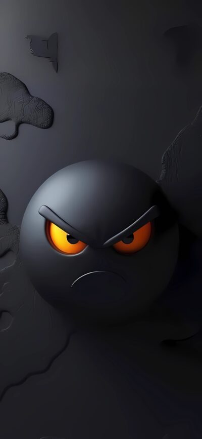 3D black sphere with angry expression, glowing orange eyes on dark background | 4K Wallpaper, for Mobile | Black, Orange wallpaper