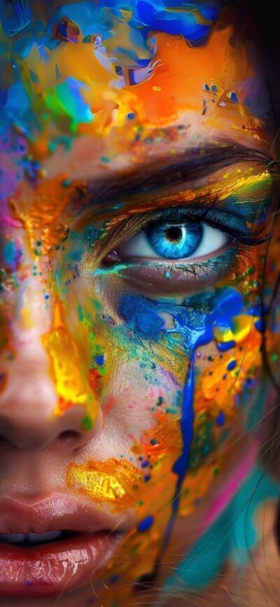 Close-up face with vibrant blue, orange, yellow paint splashes, highlighted eye creating abstract art. | 4K Wallpaper for Mobile