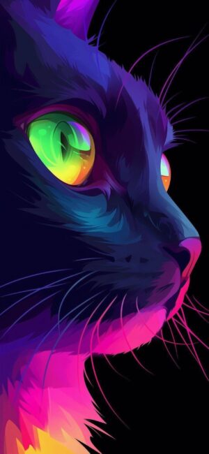 Vibrant abstract cat with neon eyes on a black background, featuring purple, pink, and blue tones | 4K Wallpaper for Mobile