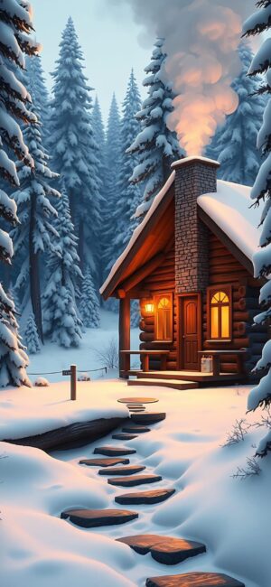 Cozy log cabin in a snowy forest with a warm glow from windows, surrounded by evergreens | 4K Wallpaper for Mobile