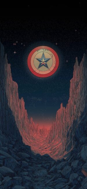 Captain America's shield over a canyon nightscape, blending nature with superhero elements. | 4K Wallpaper for Mobile