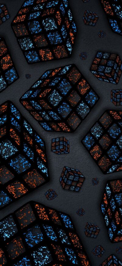 Glowing blue and orange cubes on a dark background, fused in an abstract, futuristic design | 4K Wallpaper for Mobile