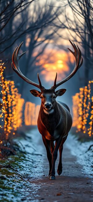 Majestic deer walking a snowy path with glowing lights during a sunset | Orange, blue, brown hues | 4K Wallpaper for Mobile