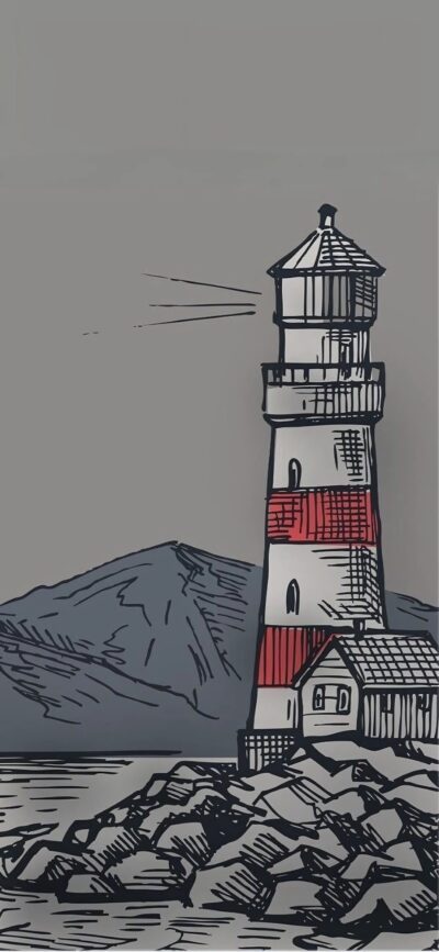 Hand-drawn lighthouse with red and white stripes on rocky terrain, mountainous backdrop | Nautical Theme | 4K Wallpaper for Mobile