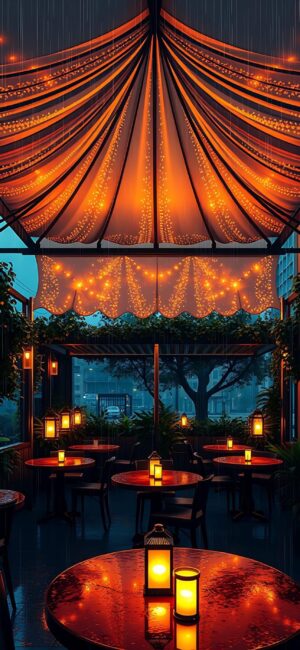 Cozy dimly lit outdoor cafe with fairy lights, lanterns, and a rainy evening backdrop | Orange, Blue, Black | 4K Wallpaper for Mobile