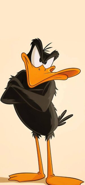 Daffy Duck in vibrant colors | Iconic Warner Bros cartoon character | Primary colors: orange, black, yellow, beige | 4K Wallpaper for Mobile