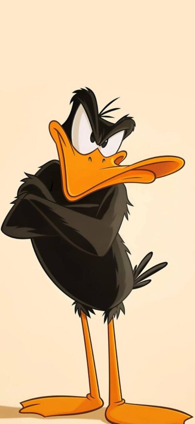 Daffy Duck in vibrant colors | Iconic Warner Bros cartoon character | Primary colors: orange, black, yellow, beige | 4K Wallpaper for Mobile