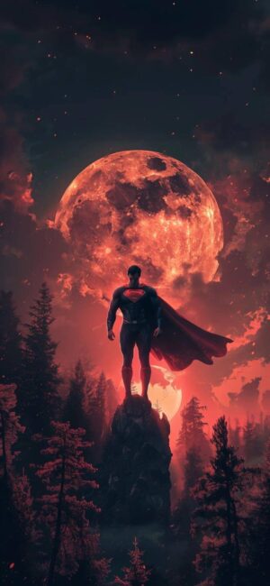 Superman stands heroically before a dramatic red full moon and dark forest, cape flowing in the wind | 4K Wallpaper for Mobile