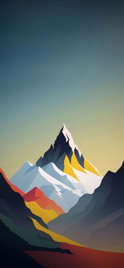 Abstract mountain landscape with geometric shapes, snow-capped peaks, gradient sky | Blue, Green, Yellow, Red | 4K Wallpaper for Mobile