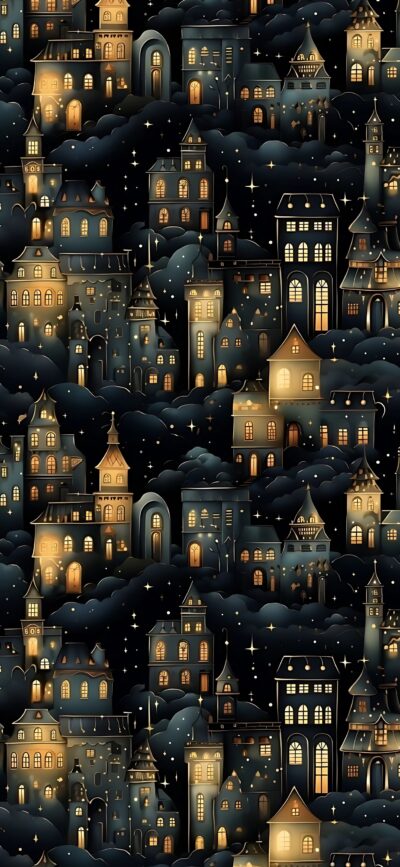 Whimsical fantasy cityscape with illuminated medieval buildings under a starry sky, black, gold, blue hues | 4K Wallpaper for Mobile