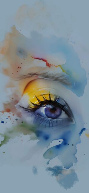 Vibrant abstract human eye with colorful watercolor splashes in yellow, purple, blue, green, red | 4K Wallpaper for Mobile