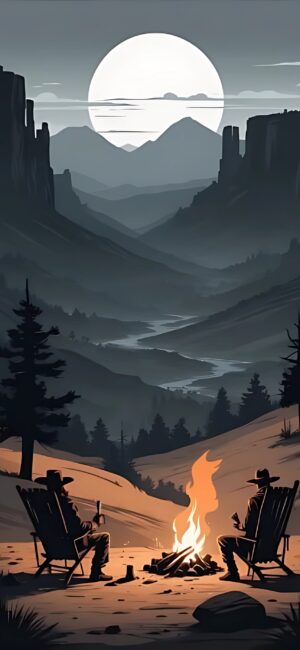 Silhouetted figures by campfire in a canyon with moonlit mountains | Gray, Black, Orange | 4K Wallpaper | for Mobile