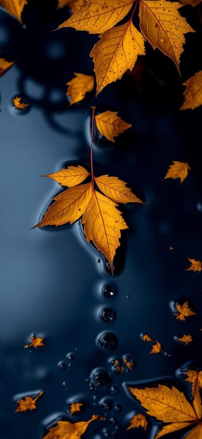 Orange autumn leaves on dark water create a serene effect. Vibrant contrast embodies fall beauty | 4K Wallpaper for Mobile