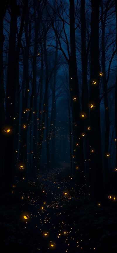 Mystical forest scene with glowing fireflies, dark trees, and a mysterious path | Blue, Black, Yellow | 4K Wallpaper for Mobile