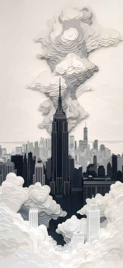 Stylized New York Cityscape with Empire State Building; paper-cut art style with clouds and skyscrapers | 4K Wallpaper for Mobile