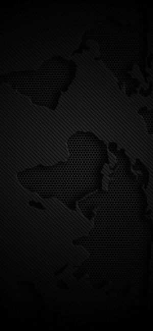 Dark, textured map with hexagonal pattern, minimalist continent outlines | Black & Gray | 4K Wallpaper | For Mobile