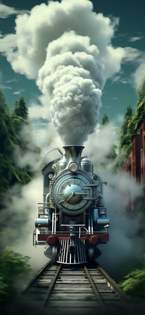 Vintage steam locomotive emerges from lush green forest under a partly cloudy sky, evoking adventure. | 4K Wallpaper for Mobile