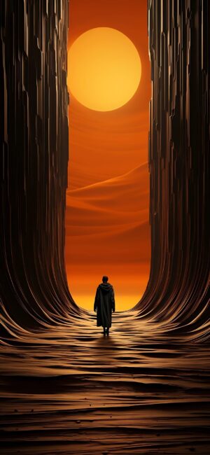 Lone figure in cloak walking through surreal canyon landscape towards setting sun, dramatic mystery vibe | 4K Wallpaper for Mobile | Orange, Brown