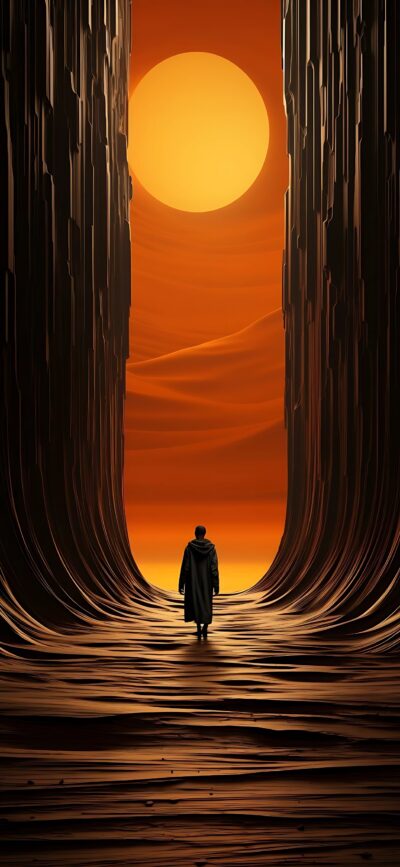 Lone figure in cloak walking through surreal canyon landscape towards setting sun, dramatic mystery vibe | 4K Wallpaper for Mobile | Orange, Brown