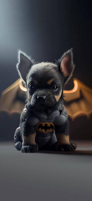 Cute puppy dressed as Batman with bat wings and emblem | 4K Wallpaper for Mobile | Black and Brown tones | DC Comics theme