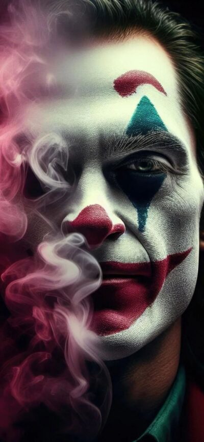 Dark atmospheric clown with DC Comics villain vibes, featuring red, white, black, and green | 4K Wallpaper for Mobile