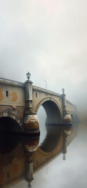 Foggy vintage stone bridge with arched supports, reflecting on calm water | Gray and beige tones | 4K Wallpaper for Mobile