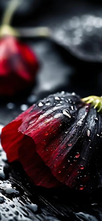 Vibrant red rose with water droplets on petals; sleek black background enriches the floral aesthetic | 4K Wallpaper for Mobile