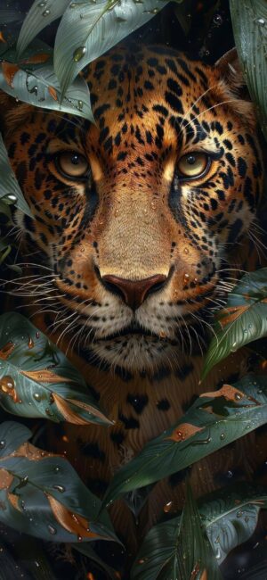 Majestic leopard amidst lush green leaves, capturing wild nature's beauty with vibrant realism. | 4K Wallpaper for Mobile