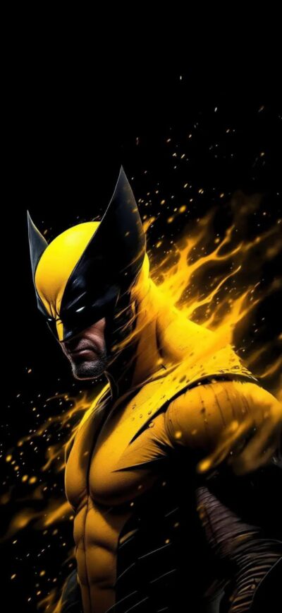 Wolverine in iconic yellow and black costume, striking pose with glowing fiery effects. Perfect for mobile. | 4K Wallpaper