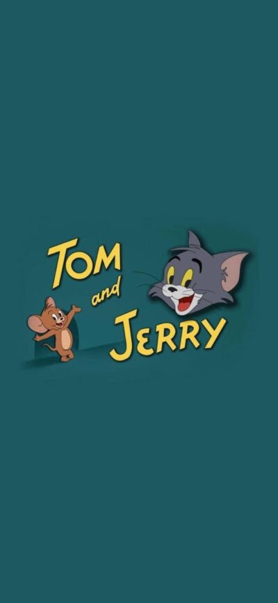 Tom and Jerry cartoon wallpaper with teal and yellow design, perfect for mobile devices | 4K Wallpaper.