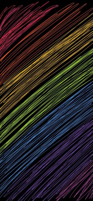 Dynamic abstract design with colorful pencil strokes on black; rainbow spectrum effect | 4K Wallpaper, for Mobile