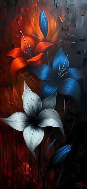 Abstract 4K wallpaper for mobile featuring vivid red, blue, and white flowers on a textured dark background, blending nature and art.