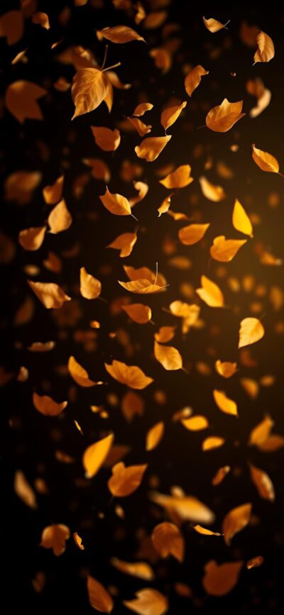 Autumn leaves floating on a dark background, capturing fall's essence with warm tones. | 4K Wallpaper for Mobile | Orange, Brown, Black.