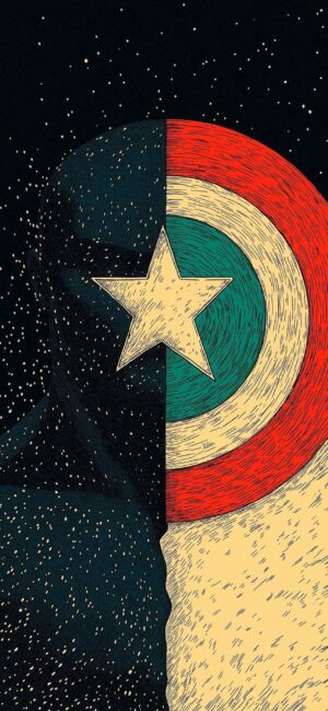 Captain America-inspired illustration with star and shield motif, split-image effect. Colors: black, red, beige, teal | 4K Wallpaper for Mobile