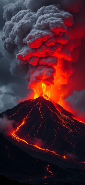 Fiery volcano eruption with lava, ash, and smoke in bright reds and oranges against dark clouds | 4K Wallpaper for Mobile