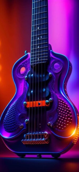 Futuristic artistic guitar with neon lights, vibrant colors, music-tech blend | 4K Wallpaper for Mobile