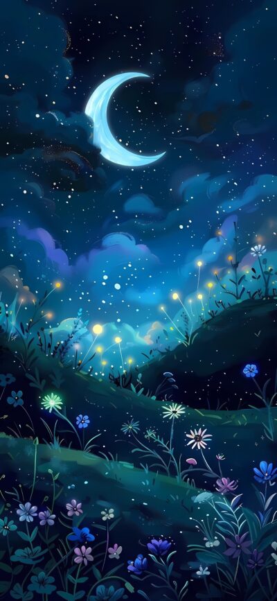 Serene crescent moon under starry sky, wildflower hills, and firefly lights in fantasy night scene | 4K Wallpaper for Mobile