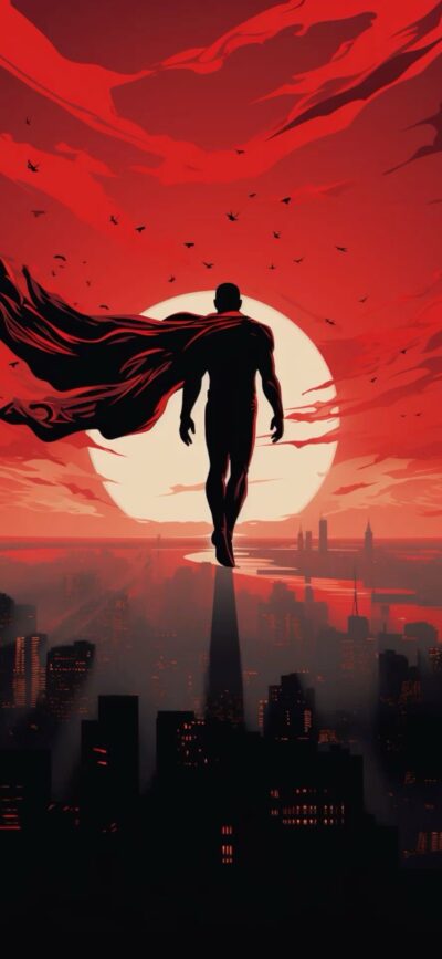 Silhouette superhero flying against a dramatic red and black sunset sky with cityscape below | 4K Wallpaper for Mobile