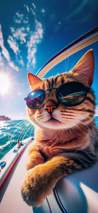 Cat in sunglasses relaxing on a boat in sunny weather | Fun and lighthearted vibe | Blue/White/Brown colors | 4K Wallpaper for Mobile