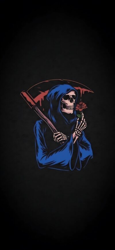 Grim Reaper with scythe and rose, blue cloak on dark background; death and beauty theme. | 4K Wallpaper, for Mobile