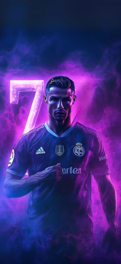 Real Madrid football player with number 7, vivid purple & blue smoke effects | 4K Wallpaper for Mobile