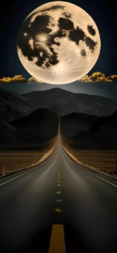 Surreal night landscape with a road leading to mountains under a full moon. Black, yellow, blue hues. For Mobile | 4K Wallpaper.