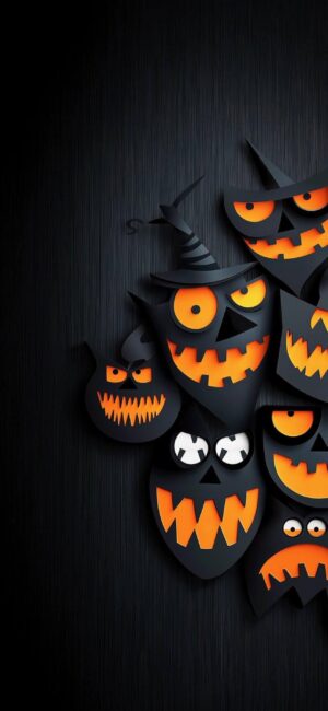 Halloween paper-cut jack-o'-lantern faces with witch hats on dark background, creating an eerie festive vibe | 4K Wallpaper for Mobile