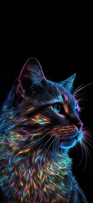 Neon-style cat against dark background with colorful glowing lines | Black, Blue, Rainbow | 4K Wallpaper for Mobile